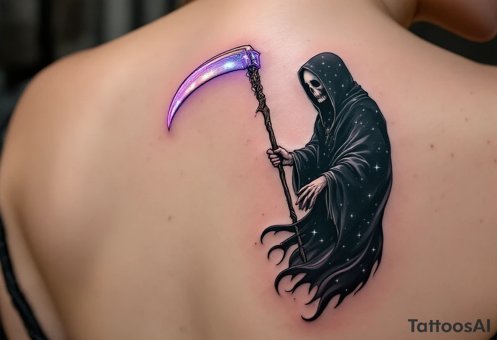 A celestial-themed Reaper with a starry black robe and a scythe glowing with soft white and pastel purple light. tattoo idea