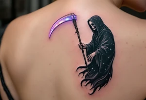 A celestial-themed Reaper with a starry black robe and a scythe glowing with soft white and pastel purple light. tattoo idea