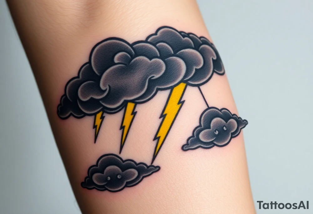 Black dark menacing storm clouds with creepy yellow lightning bolts tattoo idea