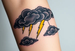 Black dark menacing storm clouds with creepy yellow lightning bolts tattoo idea