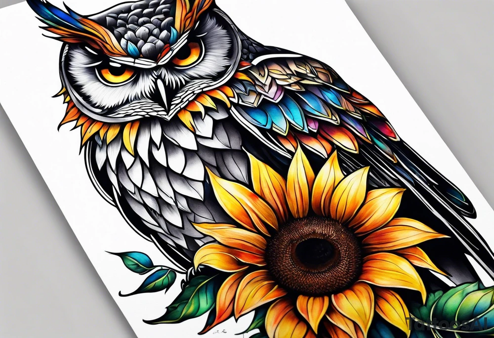 Leg sleeve with colorful sunflowers and an owl tattoo idea