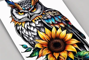 Leg sleeve with colorful sunflowers and an owl tattoo idea