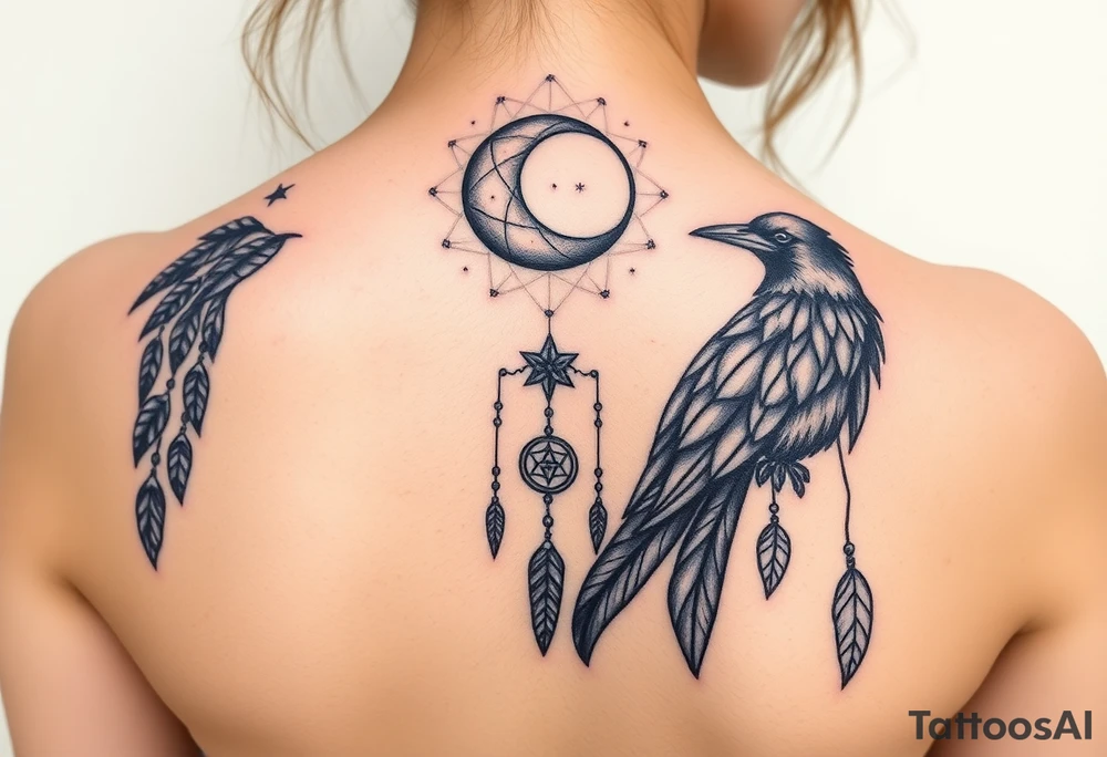 Raven dream catcher milky way moon shooting star tattoo idea