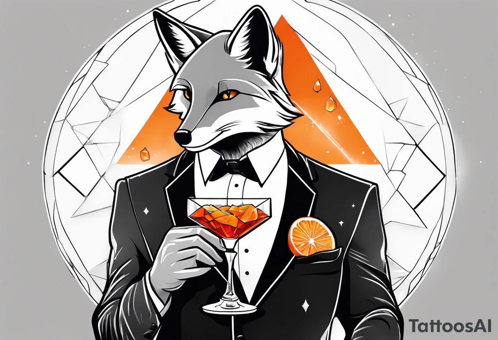 Adult male silver fox holding a Negroni in a lowball crystal glass with an orange peel looking forward tattoo idea