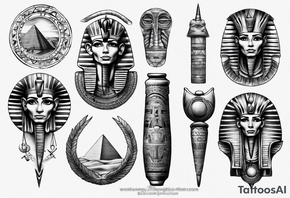 Egyptian theme full sleeve realistic tattoo idea