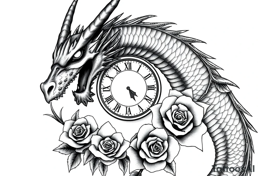 Horror dragon tattoo with clock, dollars and roses on background tattoo idea