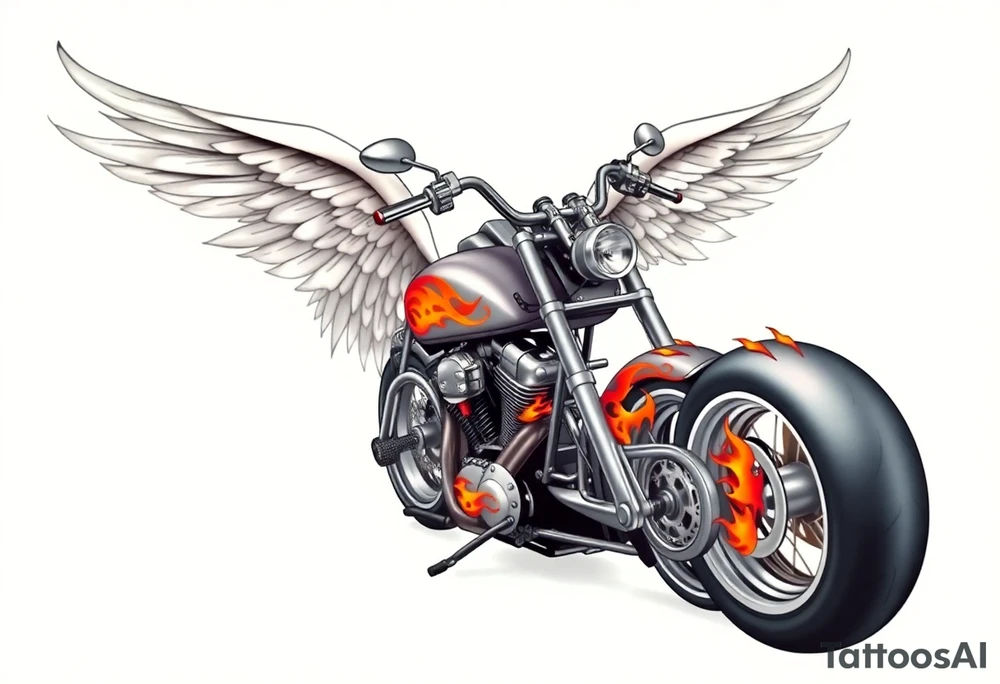 Low rider grey motorcycle, flames, angel wings tattoo idea