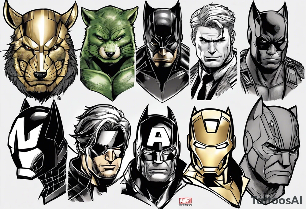 I want to change Avengers Team characters with animals. Hulk will be Badger, Thor will be Alpha Grey Wolf, Captain America will be Bull, Iron Man will be Canary, Black Widow will be Axolotl, Hawk Eye will be Sudan Plated Lizard and Nick Fury will be Cat. tattoo idea