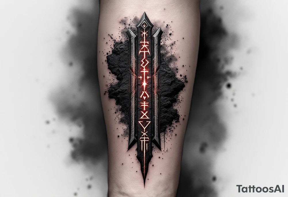 A forearm tattoo featuring a vertical line of deep crimson Slavic runes, each carved with rough stone-like texture and glowing faintly, set against a black and smoky-gray background with subtle ash particles floating around. tattoo idea