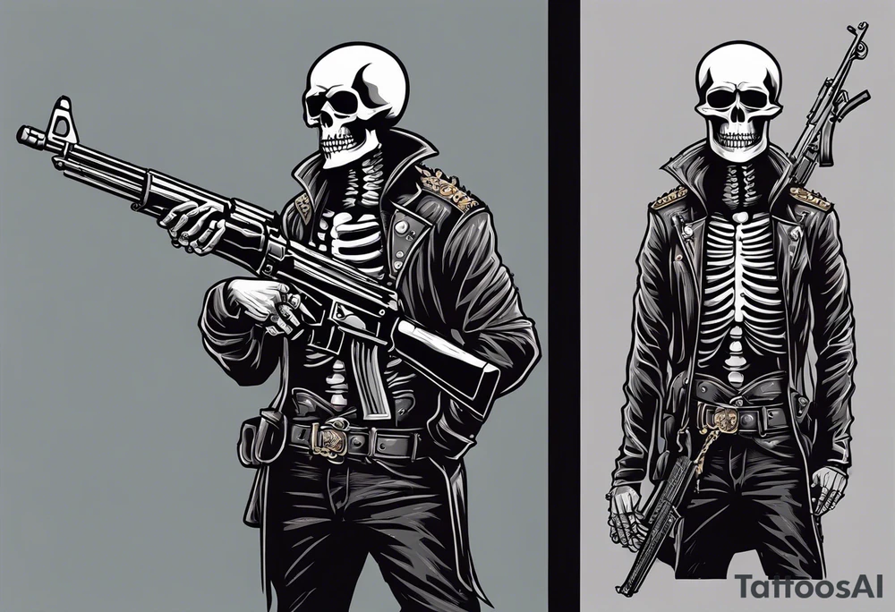 image of a skeleton standing frontally with a crown on his head, holding an AK-47 on his shoulder with his right hand. The chain on the left should be taut, there are three angry barking Dobermans in it, near the waist tattoo idea