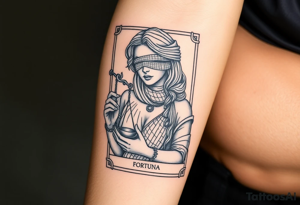 Fortuna's card as a beautiful woman with eyes covered with material, holds a scale in her hands. This character have to be in a card/frame tattoo idea