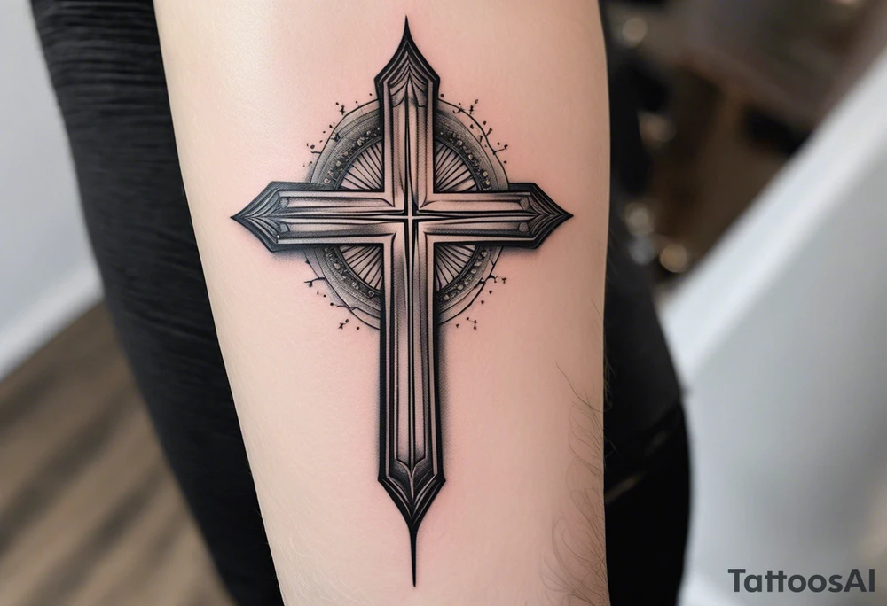 Surrealistic Tattoo: A refined cross with a soft halo on top of it, symbolizing light and spirituality. Delicate rays extend outward from the halo, adding a subtle glow and depth. The cross itself is simple and elegant, with potential for small, intricate line details within the design. Style: Surrealism tattoo idea