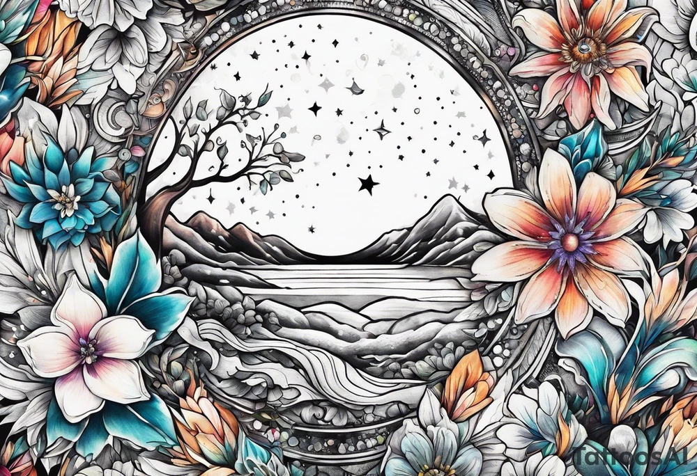 Moon made out of flowers and crystals tattoo idea