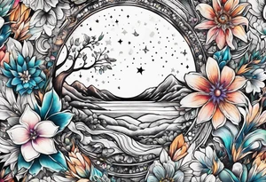 Moon made out of flowers and crystals tattoo idea