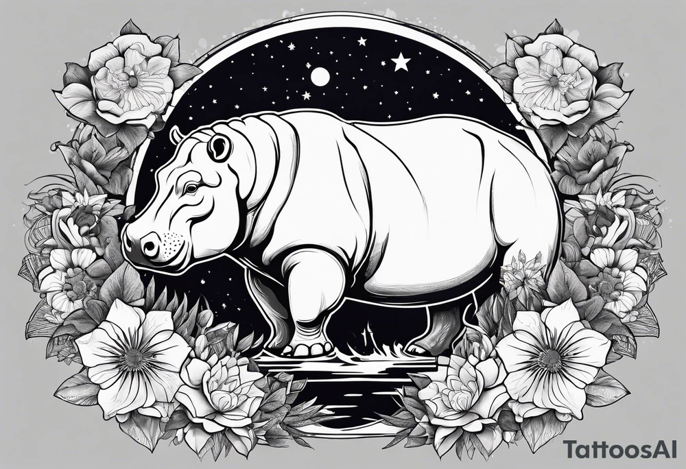 Hippo, flowers, moon, interstella, artic surreal,
Extreme fine lines, tribal, geometric, japanese, artistic tattoo idea