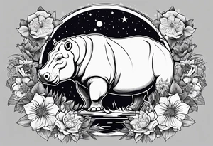 Hippo, flowers, moon, interstella, artic surreal, 
Extreme fine lines, tribal, geometric, japanese, artistic tattoo idea