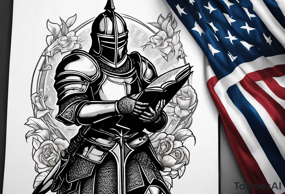 knight holding a bible over his head in combat with both hands tattoo idea