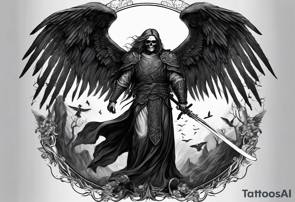 realistic full body of man angel of death, without face, holding sword, skulls on the ground tattoo idea