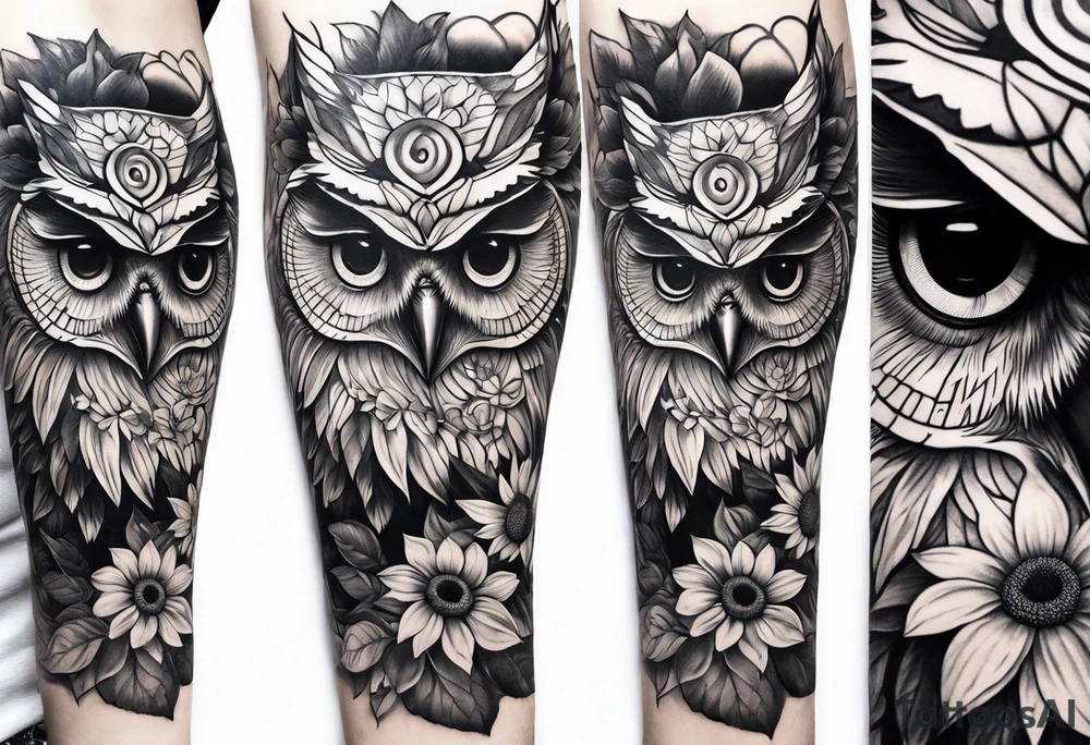 Arm sleeve with owl and sunflowers tattoo idea
