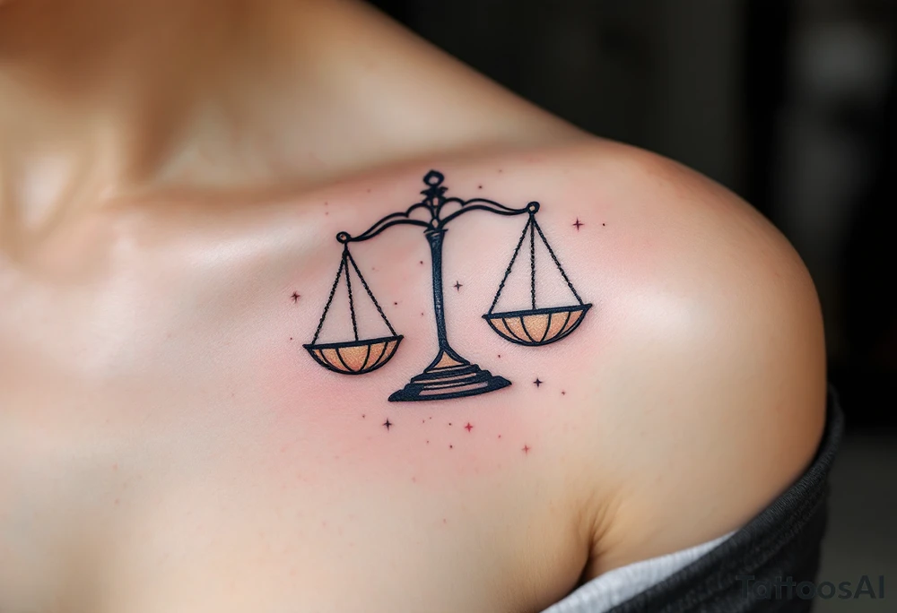 A stylized set of scales rests over a navy Libra star constellation with tiny stars in pastel pink. tattoo idea