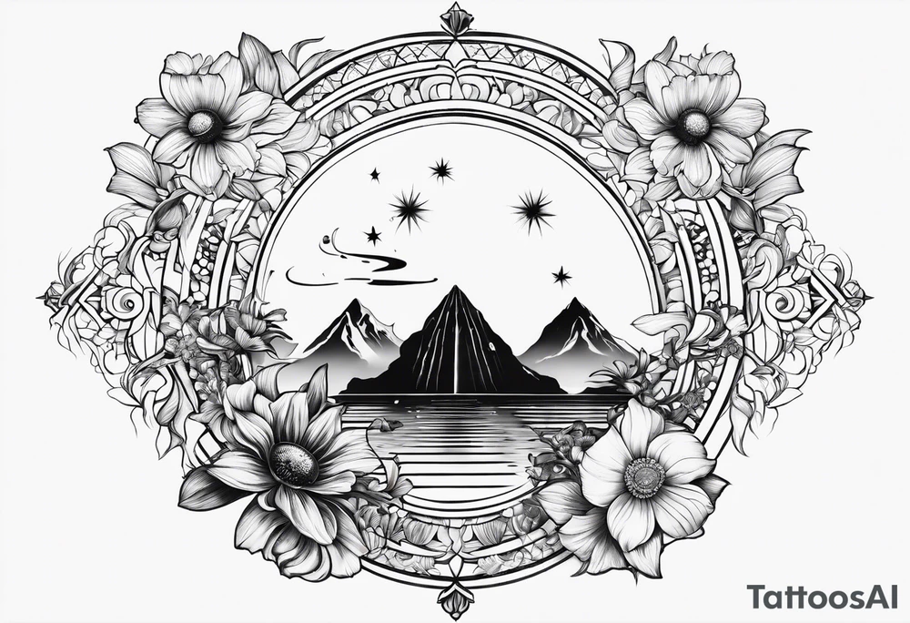 om, sparrow, sunrays, staircase, cosmos, iris, daisy tattoo idea