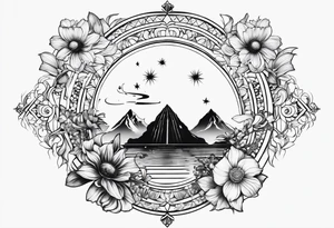 om, sparrow, sunrays, staircase, cosmos, iris, daisy tattoo idea