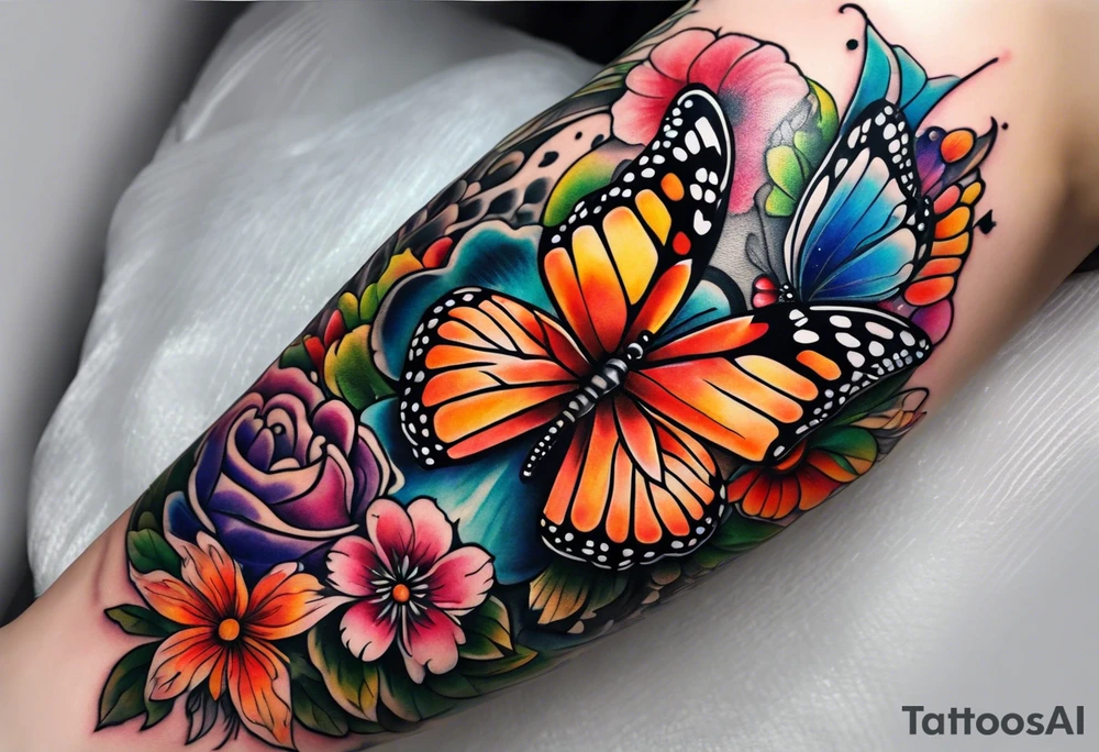 Arm sleeve with rainbow flowers and butterflies tattoo idea