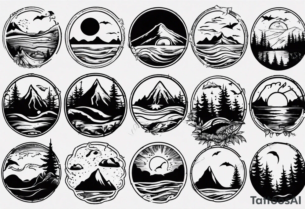 forearm tattoo with mountains, beach, waves, sunset, camping, trees tattoo idea