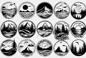 forearm tattoo with mountains, beach, waves, sunset, camping, trees tattoo idea