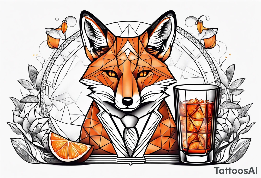 male fox with one Negroni in short lowball cocktail glass with ice and orange peel tattoo idea