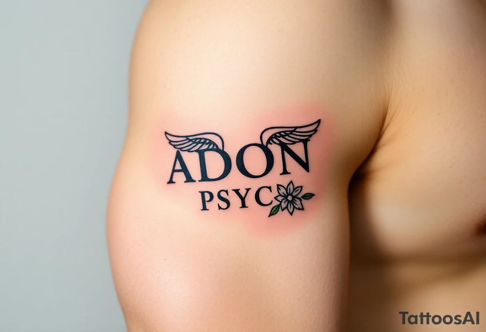 vertical Adonis over Psyche tattoo, black line art, outer arm, minimalist Greek letters with wing and flower accents tattoo idea