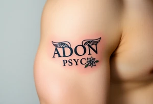 vertical Adonis over Psyche tattoo, black line art, outer arm, minimalist Greek letters with wing and flower accents tattoo idea