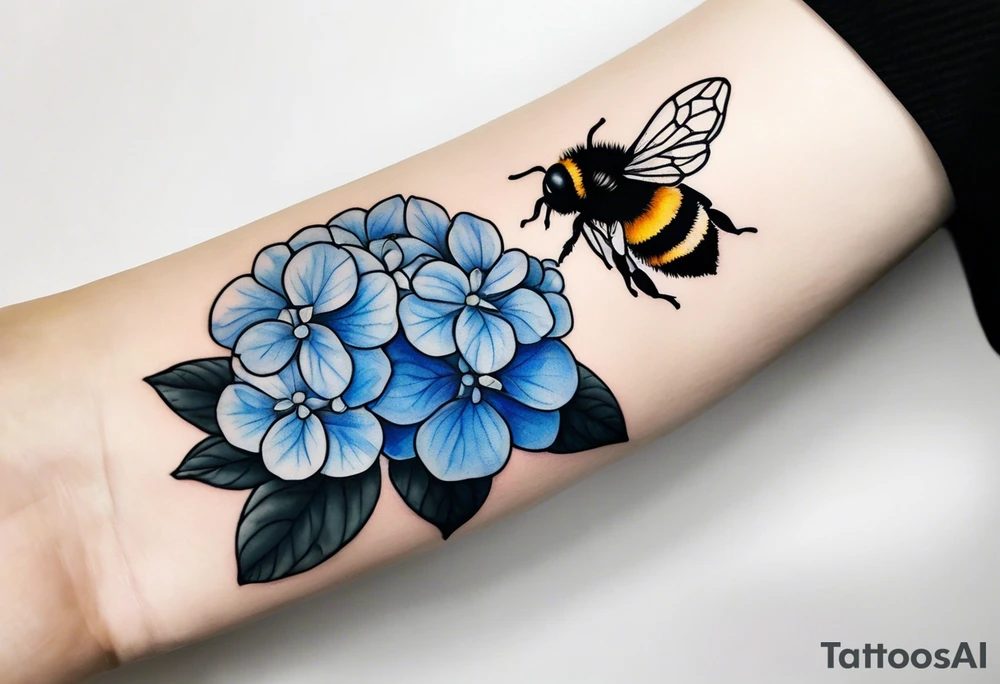 Small minimalist tattoo for forearm of a blue Hydrangea and a very small bee. tattoo idea