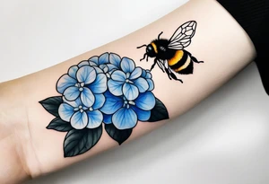 Small minimalist tattoo for forearm of a blue Hydrangea and a very small bee. tattoo idea