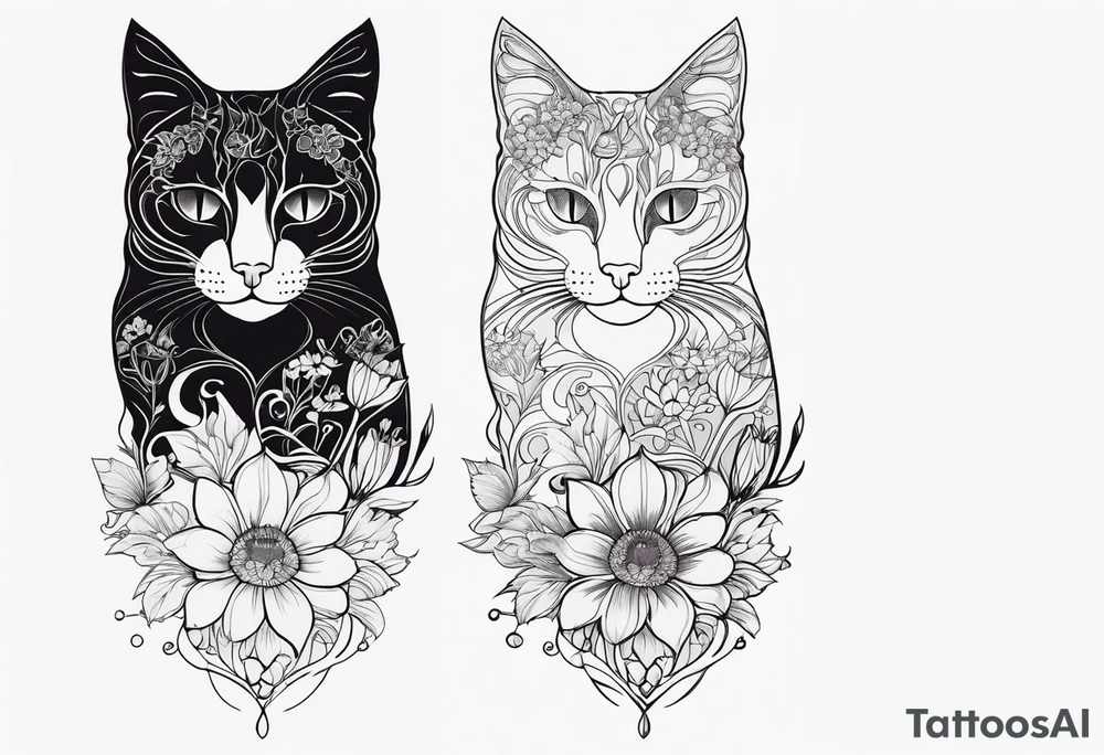 Art nouveau forearm tattoo of cat in flowers tattoo idea