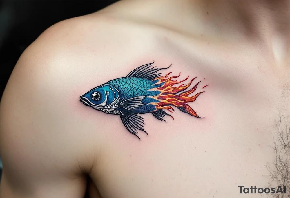 Fire and Water Catfish – A dual-element tattoo: one side of the catfish has cool blues and teals, the other half crackles with red-orange flames, symbolizing contrast or duality. tattoo idea