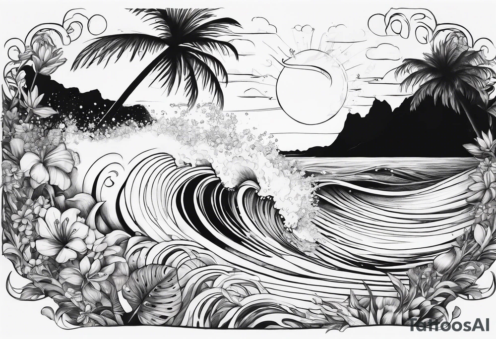wave,, flower, palm, sea animal tattoo idea