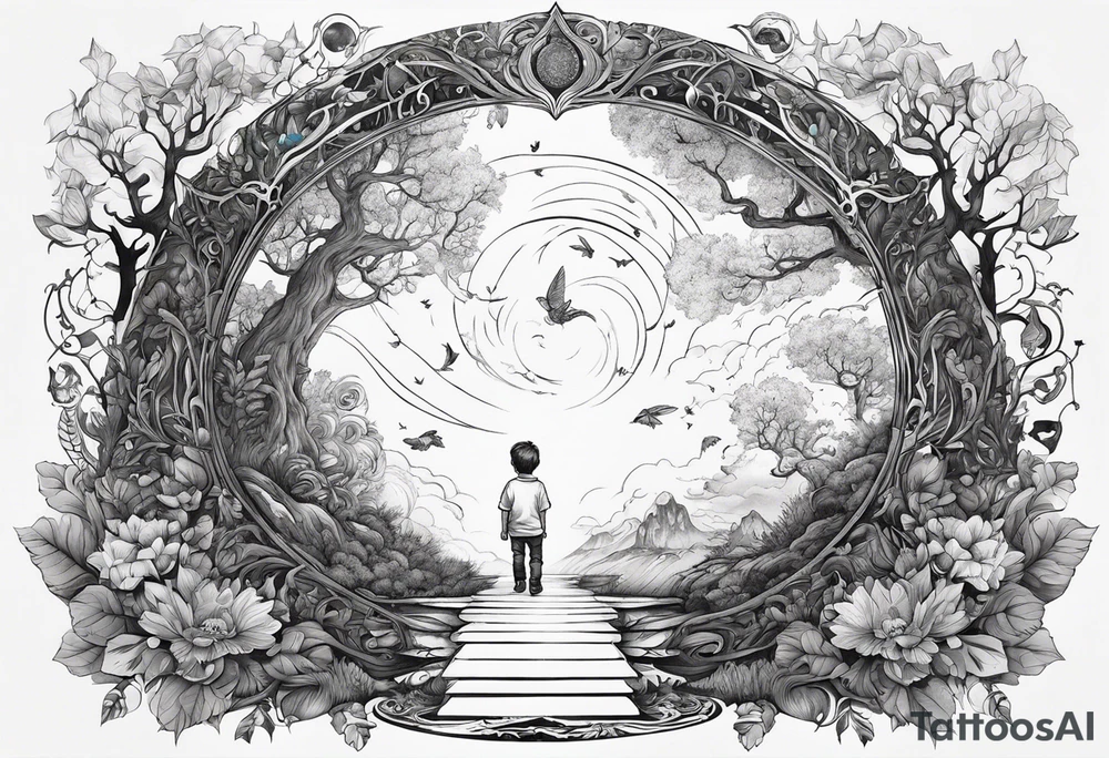 a small boy entering a portal to a fantasy world filled with nature tattoo idea