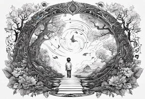 a small boy entering a portal to a fantasy world filled with nature tattoo idea