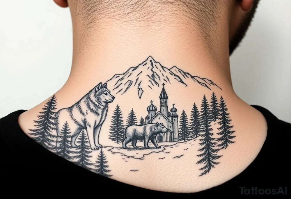 Nature/Landscape

Wolves in a pine forest (extending the tree line you already have)
A Russian bear emerging from the treeline
Snow-capped mountains behind the church scene tattoo idea