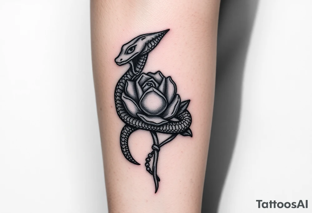 powerful majestic snake wrapped around rose stem tattoo idea