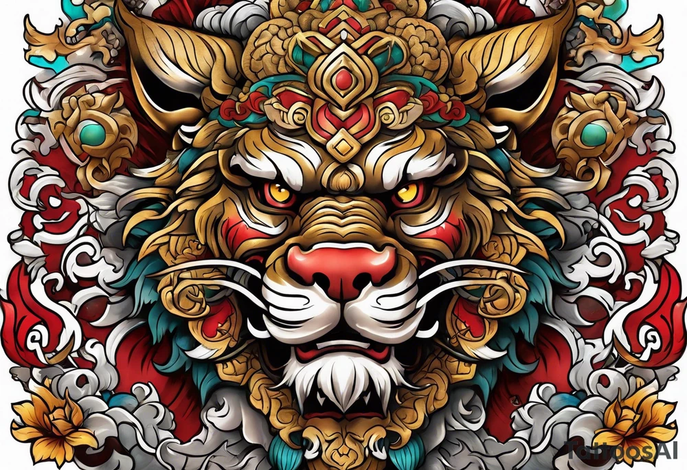 Two Traditional full body, Okinawa shisa on either side of chest. tattoo idea