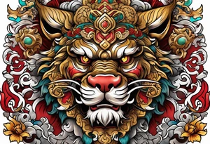 Two Traditional full body, Okinawa shisa on either side of chest. tattoo idea