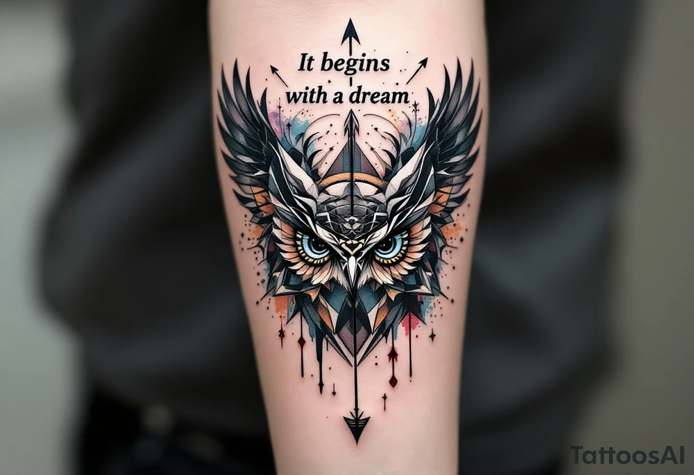 Tattoo inspired in the gifted brain in geometric and straight lines, with few watercolor details but mostly black, symbols representing intelligence, creativity and dreaming flying arround, the phrase "It begins with a dream", owl wings behind, and an arrow crossing from above, and watercolors leaking of it tattoo idea