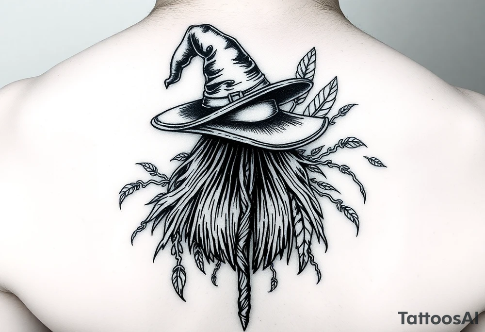 Which is broom with a witches hat with vines and feathers 
Smaller broom with hat placed on top or in the middle
Feminine and on a leg or calf tattoo idea
