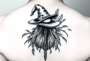 Which is broom with a witches hat with vines and feathers 
Smaller broom with hat placed on top or in the middle
Feminine and on a leg or calf tattoo idea