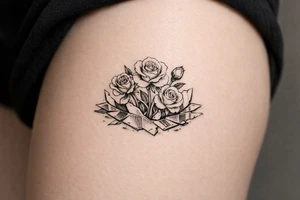Close-up of roses emerging from fragmented mirror, dark, moody lighting. tattoo idea