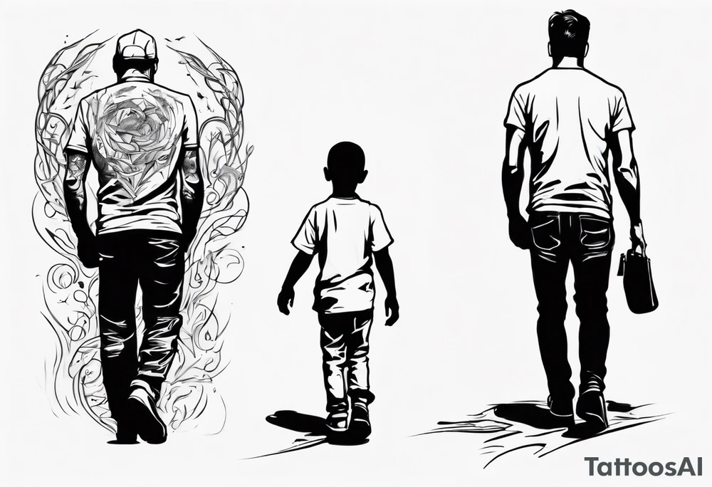 dad and son walks away contour tattoo idea
