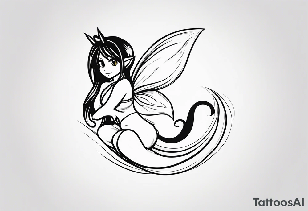 A fairy with a tail inspired by the logo of the show called Fairy Tail in a fetal position leaning in tattoo idea