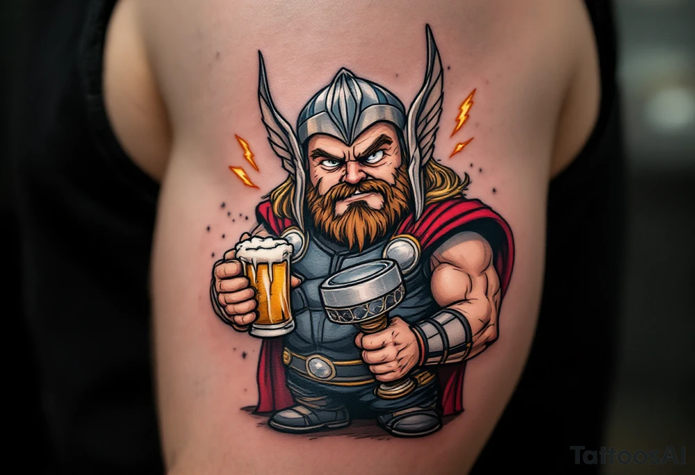 Fat Thor from Endgame holding a beer and Stormbreaker, with sparks of lightning around him in a humorous yet detailed tattoo design. tattoo idea